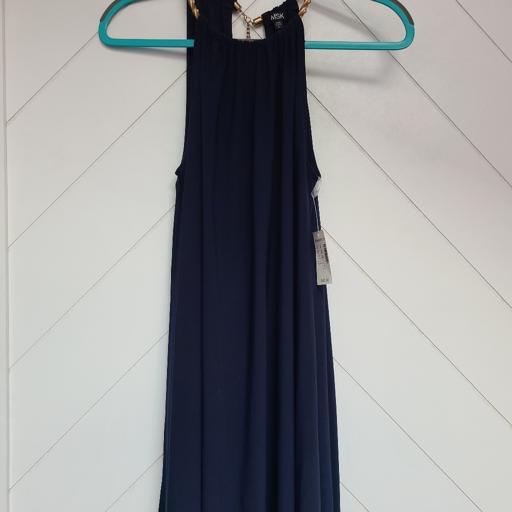 Short navy blue flowy dress with beautiful gold neckline NWT